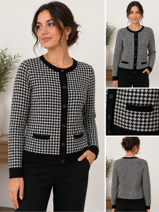 Lands' End Sweaters - Lands’ End Black And White Houndstooth Cotton Cardigan Womens Medium Petite